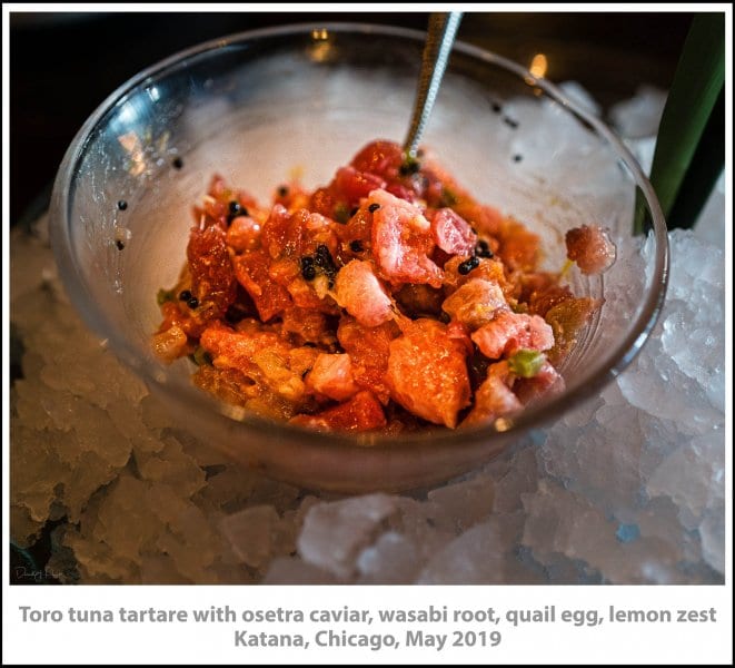 Toro tuna tartare with osetra caviar, wasabi root, quail egg, lemon zest, Katana, Chicago, May 2019