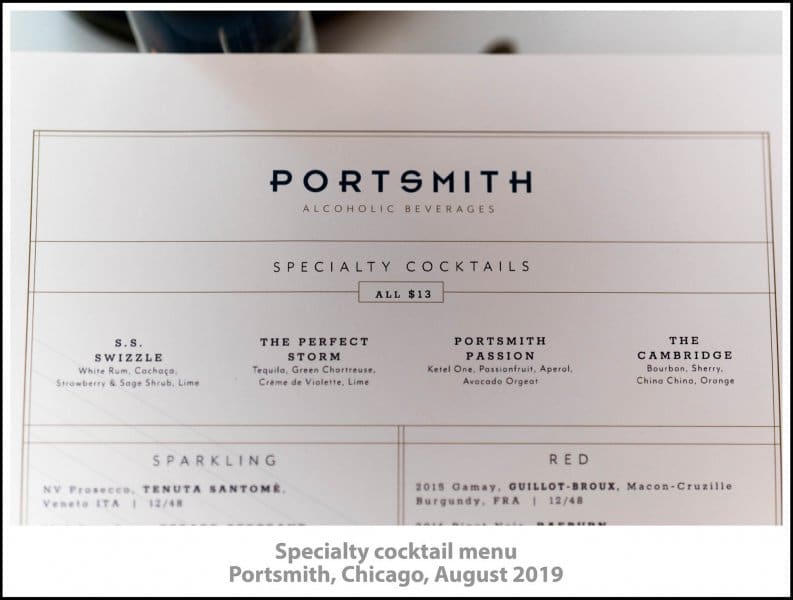 Cocktail menu, Portsmith, Chicago, August 2019