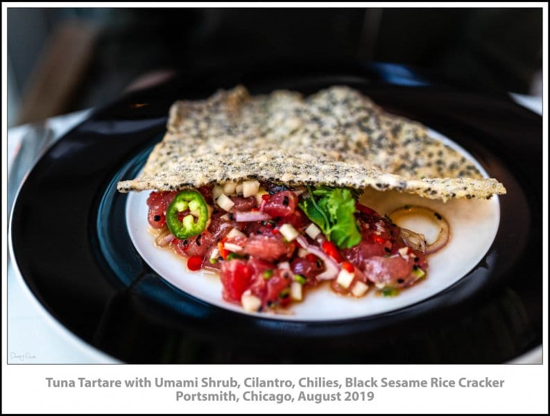 Tuna Tartare with Umami Shrub, Cilantro, Chilies, Black Sesame Rice Cracker, Portsmith, Chicago, August 2019