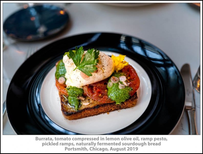 Burrata, tomato compressed in lemon olive oil, ramp pesto, pickled ramps, naturally fermented sourdough bread, Portsmith, Chicago, August 2019