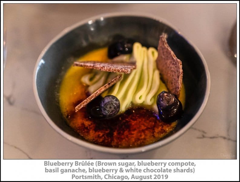 Blueberry Brûlée (Brown sugar, blueberry compote, basil ganache, blueberry & white chocolate shards), Portsmith, Chicago, August 2019