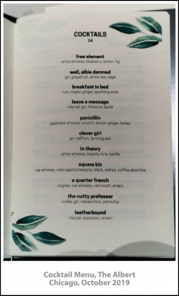 Cocktail Menu, The Albert, Chicago, October 2019