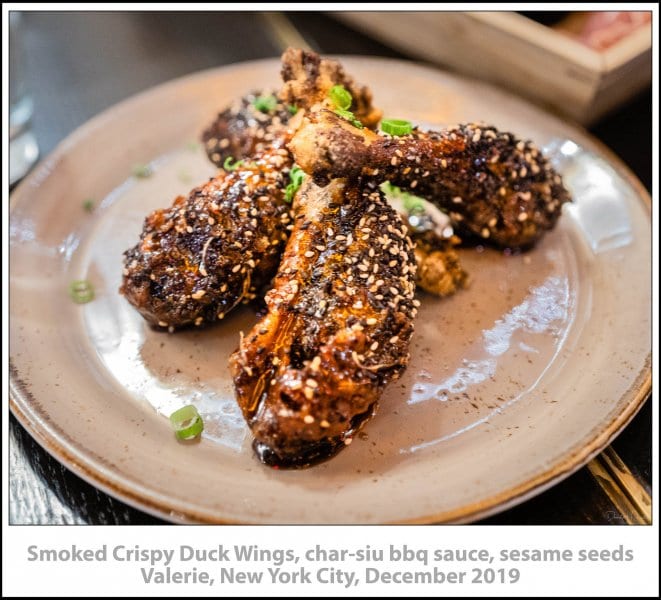 Smoked Crispy Duck Wings, char-siu bbq sauce, sesame seeds, Valerie, New York City, December 2019