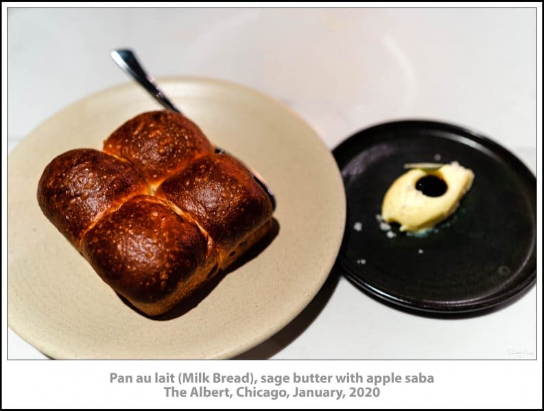 Pan au lait (Milk Bread), sage butter with apple soba, The Albert, Chicago, January, 2020