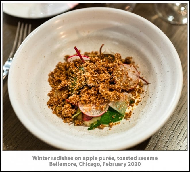 Winter radishes on apple purée, toasted sesame, Bellemore, Chicago, February 2020