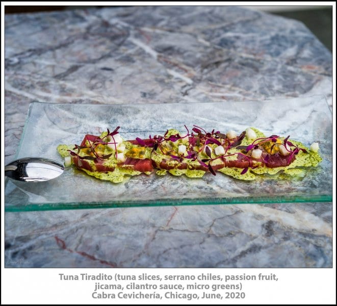 Tuna Tiradito (tuna slices, serrano chiles, passion fruit, jicama, cilantro sauce, micro greens), Cabra Cevichería, Chicago, June, 2020